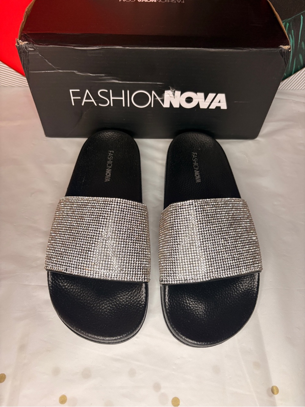 Fashion Nova Black Slides with Silver Rhinestone Strap